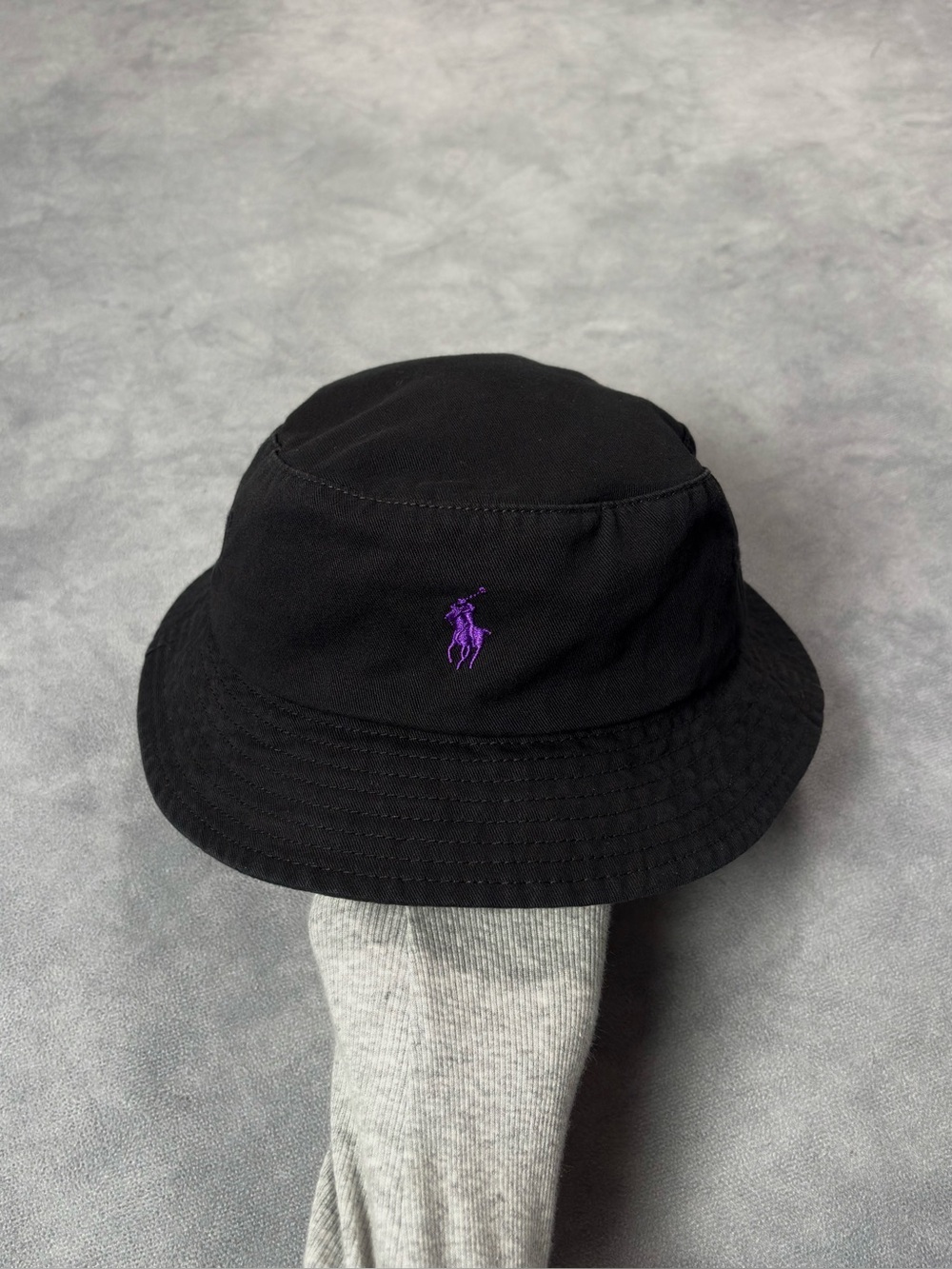 Ralph Lauren Purple Label Black Cotton Bucket Hat Purple Embroidered Pony Logo